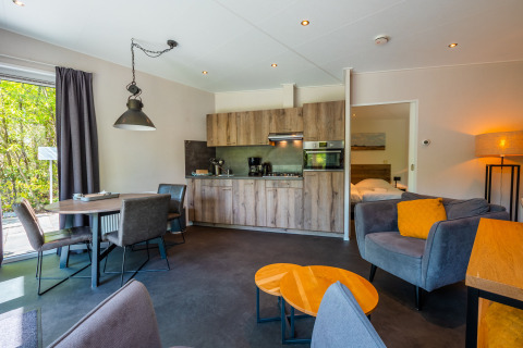 Modern living area of Wellness Lodge with open kitchen, dining table, and seating at Vakantiepark De Wiltzangh.