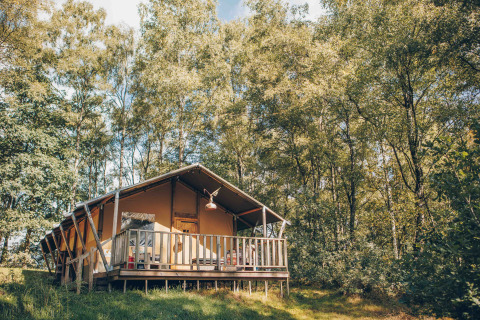 Safari telt ved Wilsumer Berge i Tyskland, omgivet af frodig skov og naturligt sollys på en sommerdag.