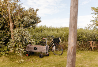 Fiets met houten kar in groene tuin bij Duynpark Het Zwanenwater, Juttershut Lodge, Nederland.