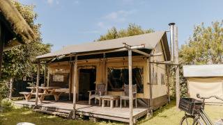 Tienda safari Beach Lodge con porche, asientos al aire libre, mesas de picnic y bicicleta en entorno verde.