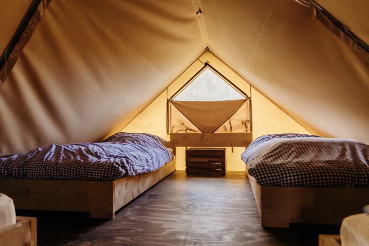 Binnenkant van een safaritent bij Beach Lodge, Duynpark Het Zwanenwater, met twee bedden.