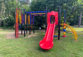 Spielplatz mit Rutsche und Klettergerüst im Vakantiepark Bonte Vlucht in Utrecht, Niederlande, umgeben von Wald.
