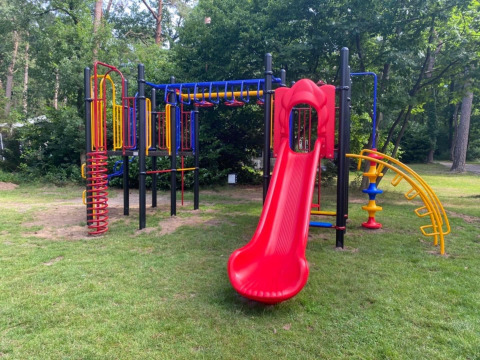 Spielplatz mit Rutsche und Klettergerüst im Vakantiepark Bonte Vlucht in Utrecht, Niederlande, umgeben von Wald.