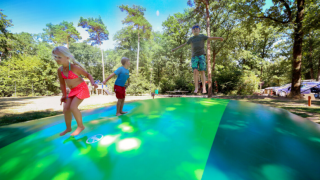 Bambini che saltano e giocano su un grande cuscino gonfiabile in un parco vacanze boscoso a Utrecht, Olanda.