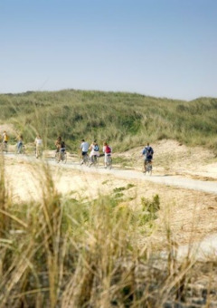 Ciclistas recorren un sendero arenoso y rodeado de pasto cerca de Hollum, Frisia, Países Bajos, bajo cielo azul.