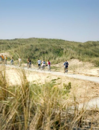 Ciclistas recorren un sendero arenoso y rodeado de pasto cerca de Hollum, Frisia, Países Bajos, bajo cielo azul.