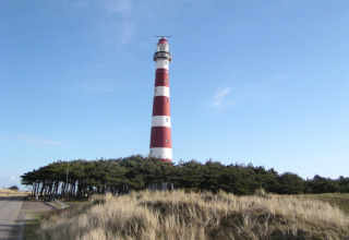Fyrtårn med røde og hvide striber nær Hollum i Friesland, Holland, omgivet af fyrretræer og klitter under blå himmel.