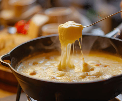 Fondue de queso en una olla, una delicia de Les Chalets Huttopia Champagny en Vanoise en Francia.