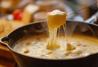 Kaasfondue in een pan bij Les Chalets Huttopia Champagny en Vanoise, hoogtepunt in Frankrijk.