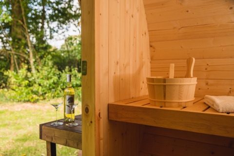 Vista interna di una sauna in legno al Holiday Park Mölke, Overijssel, con vino e bicchieri fuori.