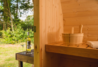 Vista interna di una sauna in legno al Holiday Park Mölke, Overijssel, con vino e bicchieri fuori.