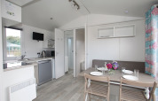 Bright modern mobile home kitchen and dining area with four plates set and a vase of flowers on table.