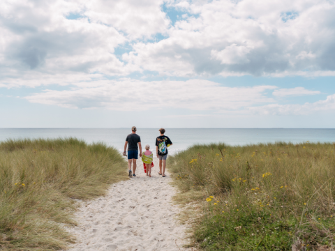 Gezin wandelt langs een zandpad naar het strand door duinen bij Flower Camping Le Vorlen in Bretagne, Frankrijk.