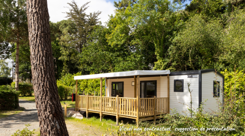 Premium Stacaravan con 3 camere da letto immersa nel verde, veranda soleggiata e alberi intorno.
