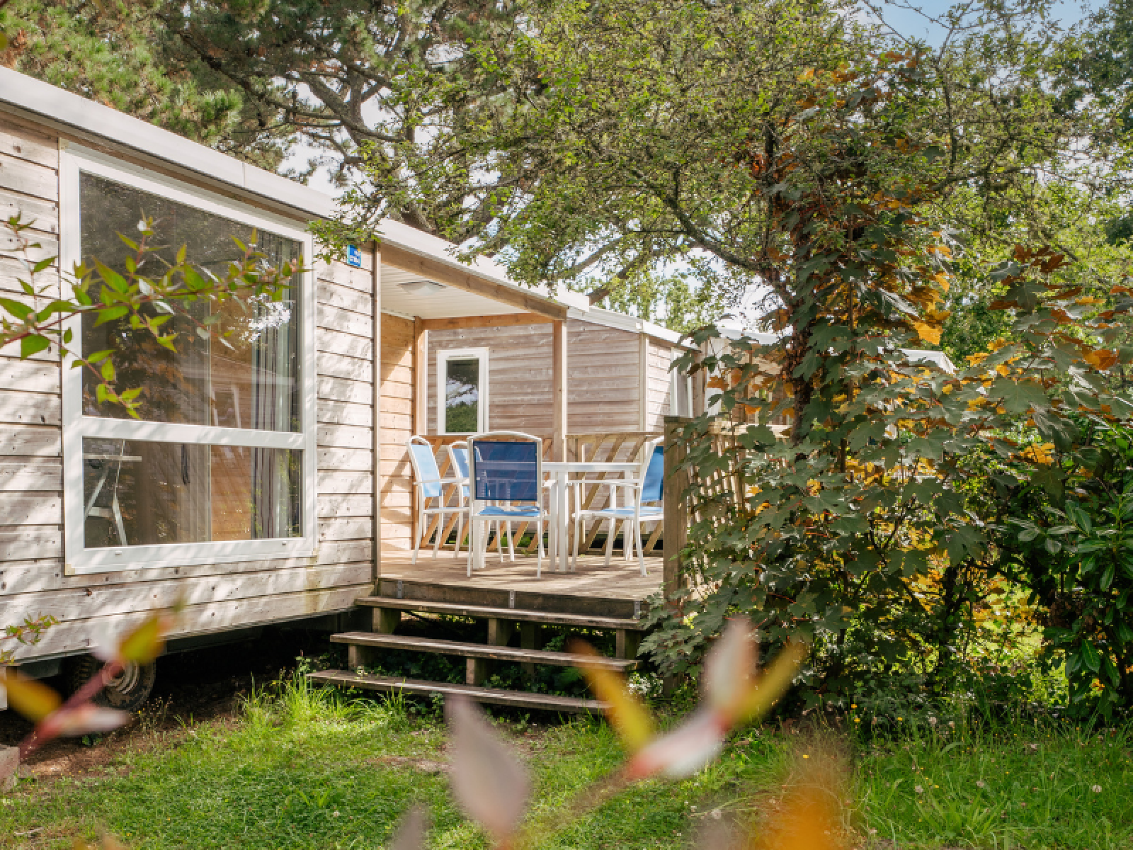 Standaard houten stacaravan met 2 slaapkamers en geïntegreerd terras in groene omgeving.