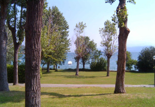 Vue sur pelouse, arbres et le lac de Garde depuis Sivinos Camping Boutique en Lombardie, Italie.