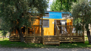 Kleines Haus namens Tiny House mit Holzveranda, blauem Dach und Bäumen in grüner Umgebung.