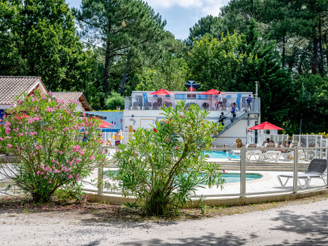 Area piscina all'aperto con lettini, cespugli fioriti e ombrelloni al Flower Camping La Canadienne, Francia.