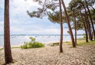 Sandy beach with pine trees and a view of calm boats on the water near Arès, Nouvelle-Aquitaine, France.
