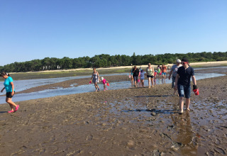 Turisti attraversano una spiaggia fangosa al Flower Camping La Canadienne in Nouvelle-Aquitaine, Francia.