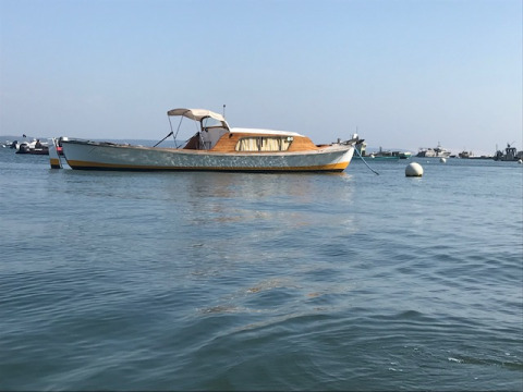 Boot vor Anker im ruhigen Wasser bei Arès, Nouvelle-Aquitaine, Frankreich, mit anderen Booten dahinter.