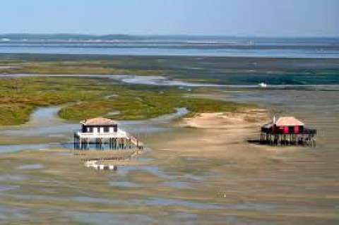 To hytter på pæle i et vådområde nær Arès, Nouvelle-Aquitaine, Frankrig, omgivet af lavvande og strandenge.