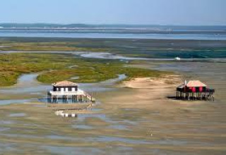 Dos cabañas sobre pilotes en las marismas cerca de Arès, Nouvelle-Aquitaine, Francia, con la marea baja.