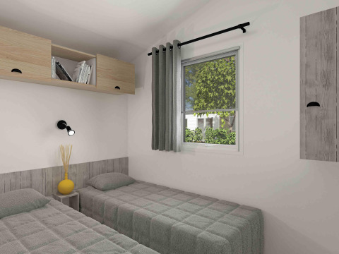 Habitación glamping moderna con dos camas individuales, ventana y estantes de madera minimalistas en la pared.