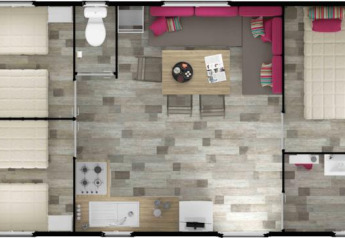 Floor plan of a mobile home featuring four single beds, a double bed, bathroom, living area, and kitchen.
