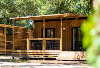 Cabina in legno con veranda coperta al Flower Camping Monplaisir, villaggio vacanze in Nouvelle-Aquitaine, Francia.
