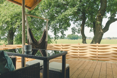 Terraza de madera con silla colgante, mesa y asientos, con vistas a campos verdes y árboles en Holanda.