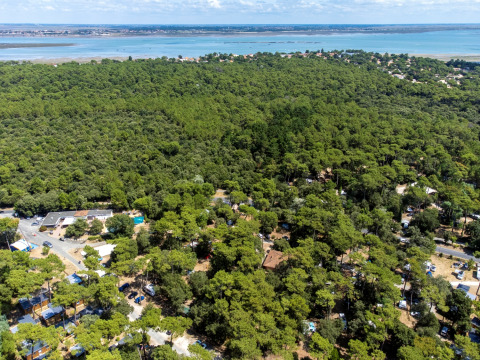 Vue aérienne du Flower Camping Monplaisir en Nouvelle-Aquitaine, France, entouré de forêt et proche de la mer.