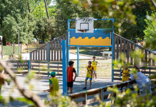 Bambini giocano a basket su un campo all'aperto circondato da alberi al Flower Camping Monplaisir, Nouvelle-Aquitaine.