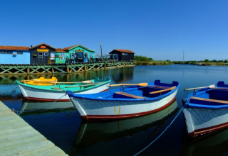 Botes de colores amarrados en un muelle de madera junto a cabañas coloridas en Flower Camping Monplaisir, Nouvelle-Aquitania.