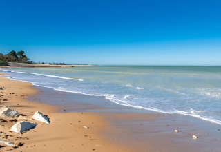 Plage de sable et mer paisible à Flower Camping Monplaisir, Nouvelle-Aquitaine, France, sous un ciel bleu clair.