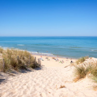 Udsigt over sandklitter og havet nær Saint-Trojan-les-Bains på Île d’Oléron i Nouvelle-Aquitaine, Frankrig.