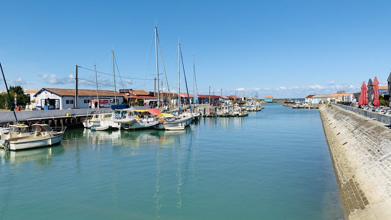 Boote im Hafen mit roten Dächern und blauem Himmel bei Flower Camping Monplaisir in Nouvelle-Aquitaine, Frankreich.