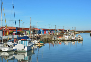 Boten en kleurrijke huisjes aan de haven van Saint-Trojan-les-Bains op Oléron, Nouvelle-Aquitaine, Frankrijk.