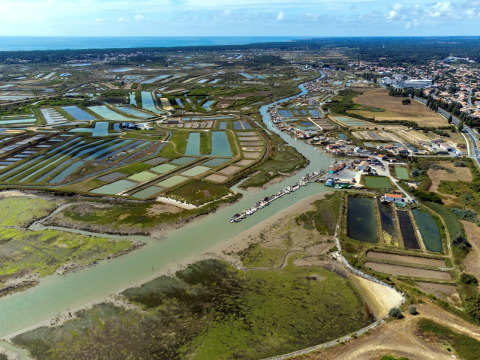 Aerial view of wetlands and Flower Camping Monplaisir holiday park in Nouvelle-Aquitaine, France, near the coast.