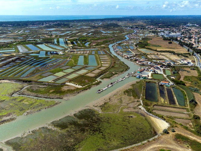 Luchtfoto van wetlands en vakantiepark Flower Camping Monplaisir in Nouvelle-Aquitaine, Frankrijk, vlakbij zee.