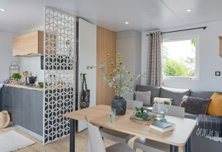 Zona soggiorno e cucina moderna in una Premium Stacaravan al Flower Camping Monplaisir in Francia, accogliente.