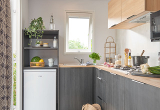 Cuisine de cabane moderne avec meubles noirs, étagères ouvertes, plantes et ustensiles de cuisine en bois.