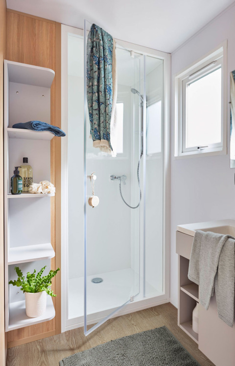 Bagno cabina luminoso e moderno con doccia in vetro, mensole aperte, pianta verde e dettagli in legno.