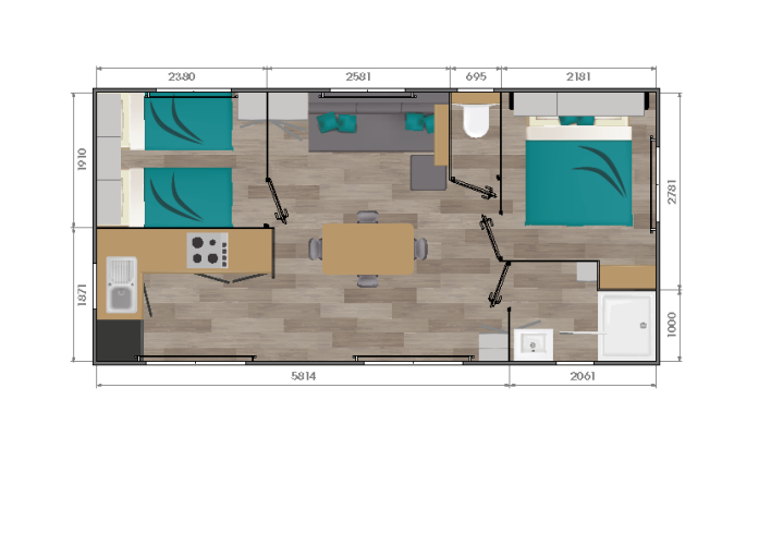 Plattegrond van een Premium Stacaravan met 2 slaapkamers bij Flower Camping Monplaisir in Frankrijk.