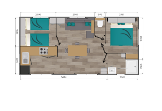 Plano de una caravana premium con 2 dormitorios en Flower Camping Monplaisir, Francia.