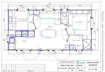 Floor plan of Premium Stacaravan with 2 bedrooms, kitchen, bathroom, and living area at Flower Camping Monplaisir.