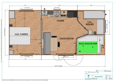 Floor plan of Premium Stacaravan PRM with two bedrooms and accessible shower area at Camping Monplaisir, France.