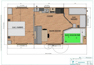 Pianta della Premium Stacaravan PRM con due camere da letto e bagno accessibile presso Camping Monplaisir, Francia.