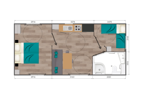 Plano de la Premium Stacaravan PRM de 2 dormitorios en Flower Camping Monplaisir, Francia.