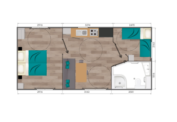Plano de la Premium Stacaravan PRM de 2 dormitorios en Flower Camping Monplaisir, Francia.